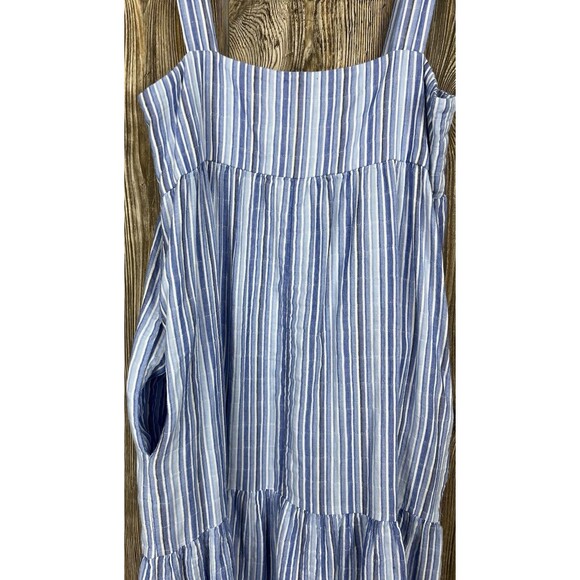 Elliot Lauren Midi Dress L Blue/White Stripe Sleeveless Tiered Ruffled Chambray - Picture 7 of 14